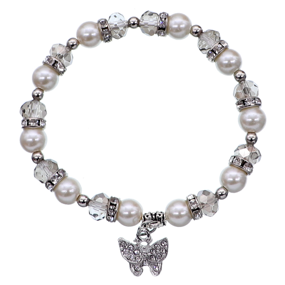 Silver Butterfly Charm Bead Stretch Bracelet