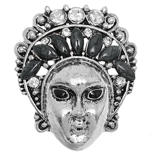 Gray Beaded Rhinestone Female Face Adjustable Ring