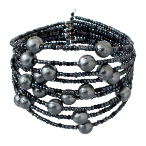 Blue Gray Beaded Coil Cuff Bracelet