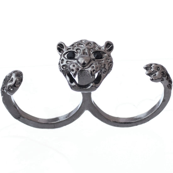 Hematite Cheetah Face Double Cuff Finger Ring