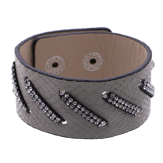 Gray Faux Leather Rhinestone Snap Bracelet