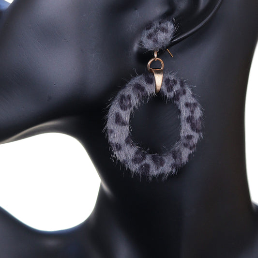 Gray Cheetah Faux Fur Hoop Earrings