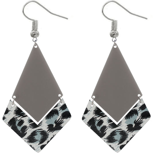Gray Geometric Leopard Print Dangle Earrings