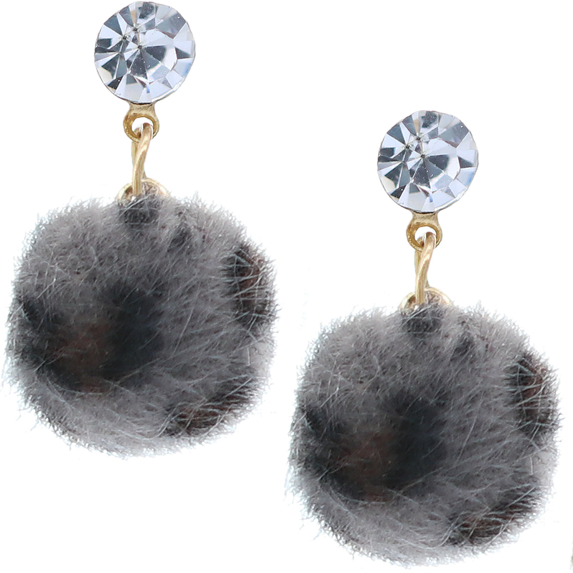 Gray Leopard Print Pom Pom Fur Ball Mini Earrings