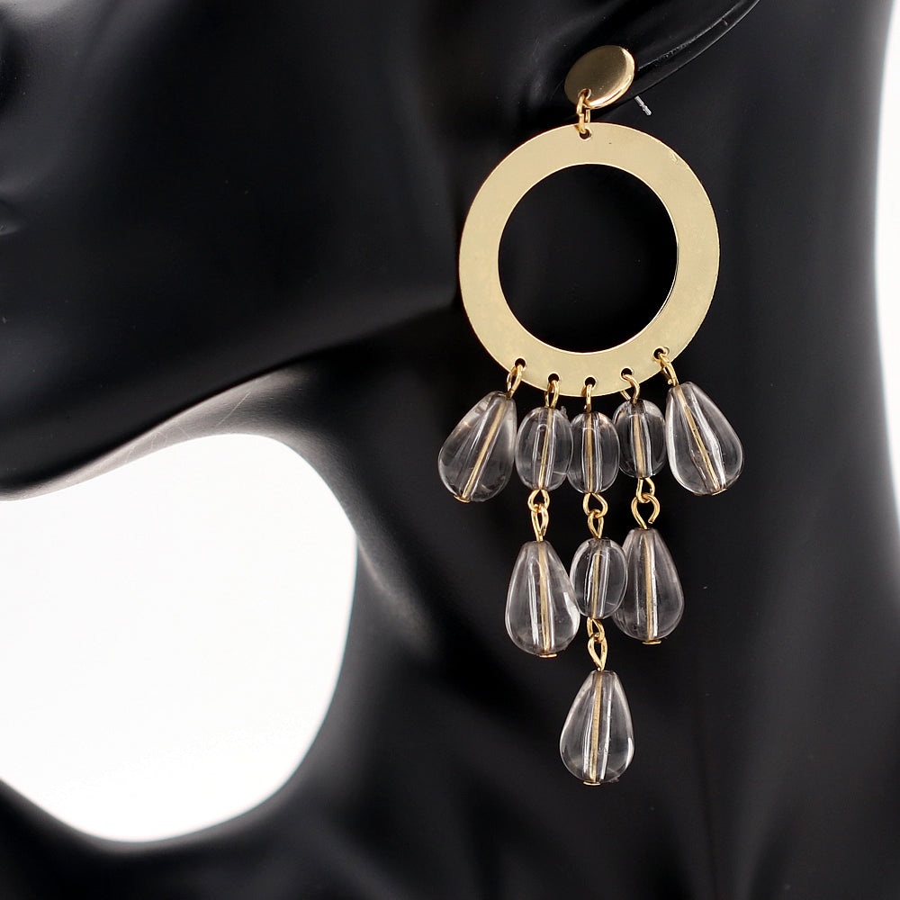 Gray Transparent Beaded Hoop Dangle Earrings