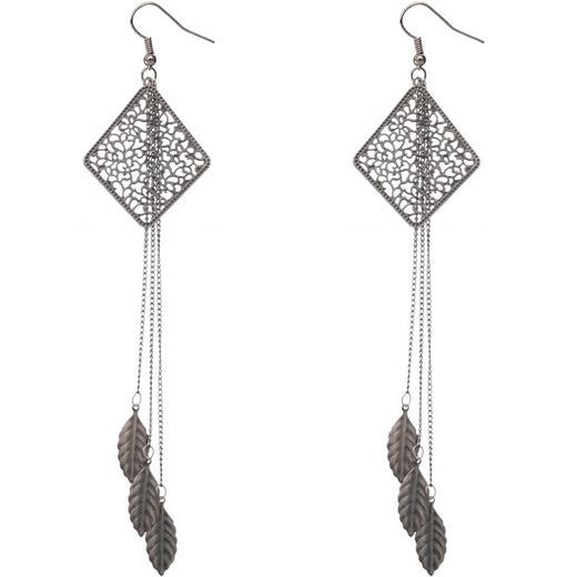 Silver Filigree Caged Leaf Chain Earrings