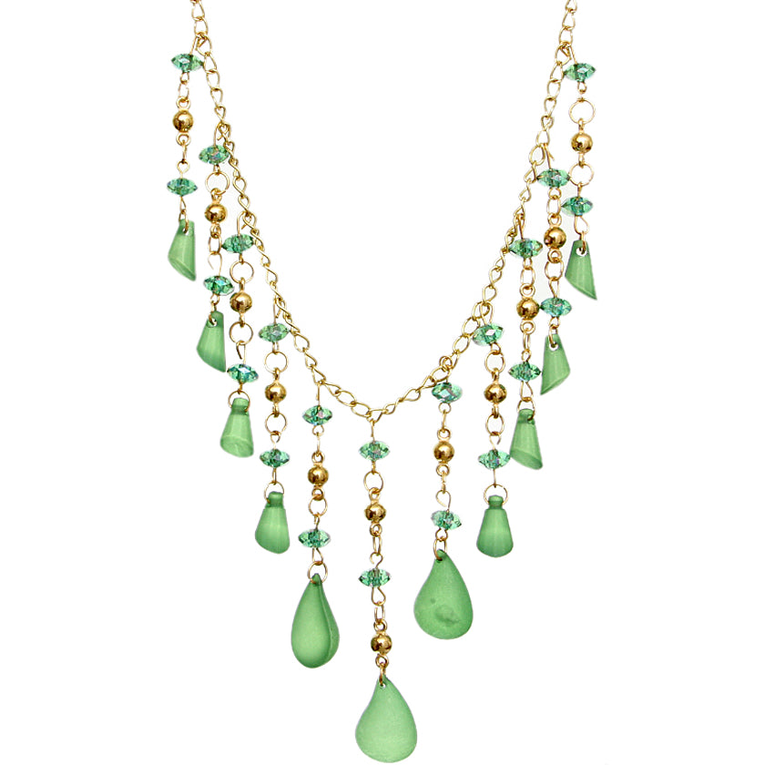 Green Beaded Teardrop Chandelier Necklace Set