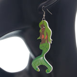 Green African American Mermaid Wooden Earrings