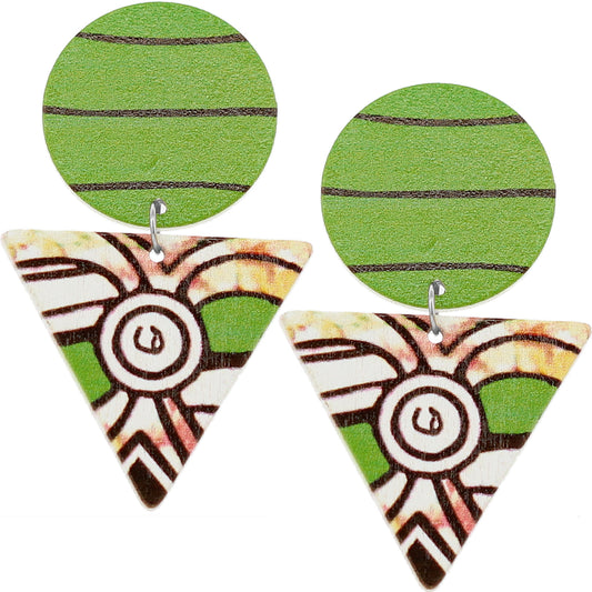 Green Geometric Inverted Triangle Wooden Earrings