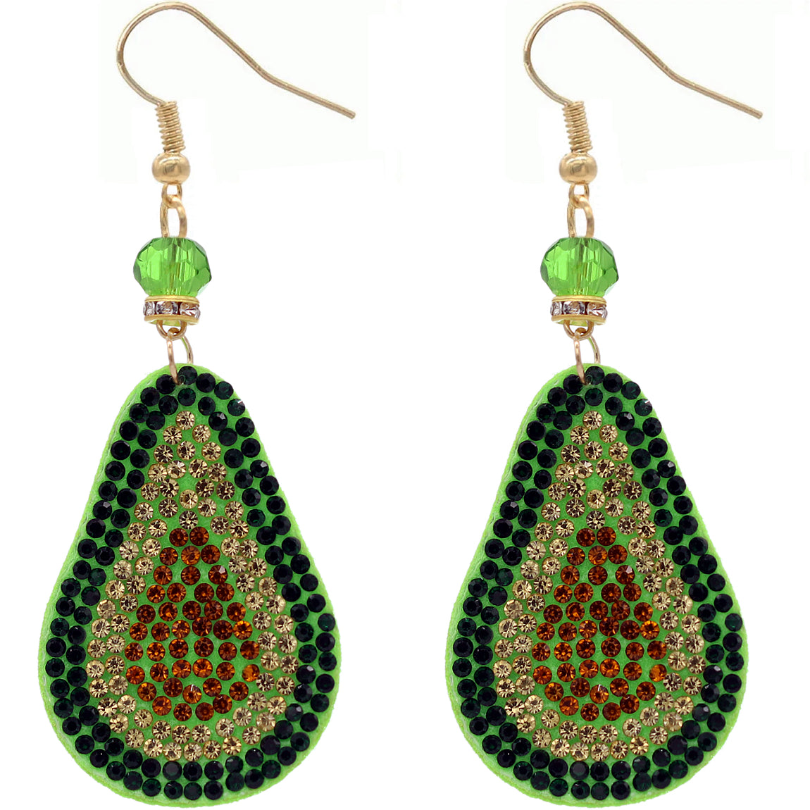 Green Avocado Beaded Pave Rhinestone Felt Earrings