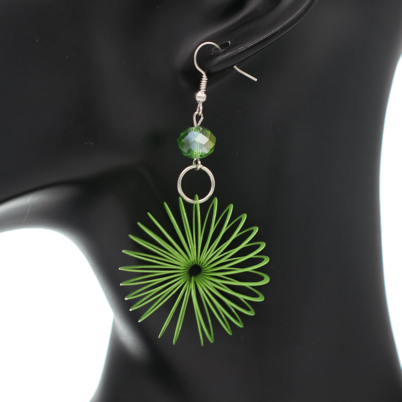 Green Bead Coil Slinky Dangle Earrings