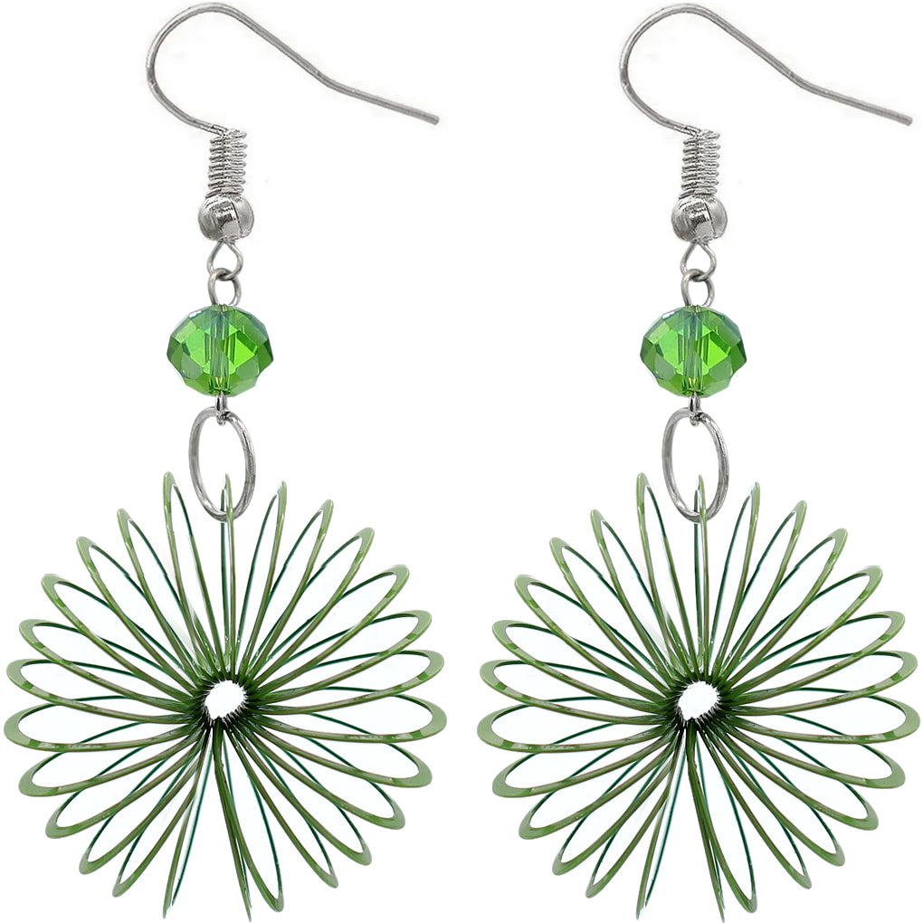 Green Bead Coil Slinky Dangle Earrings