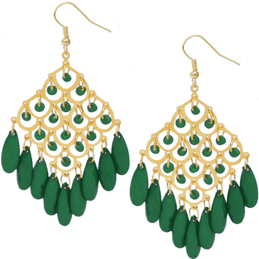 Green Beaded Dangle Chandelier Earrings