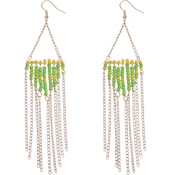 Green beaded drop down chain earrings