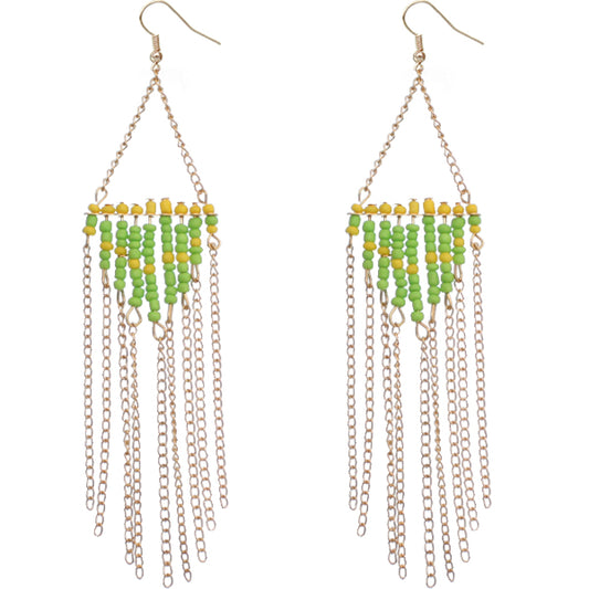Green beaded drop down chain earrings