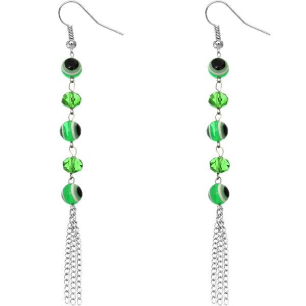 Green Beaded Evil Eye Chain Earrings