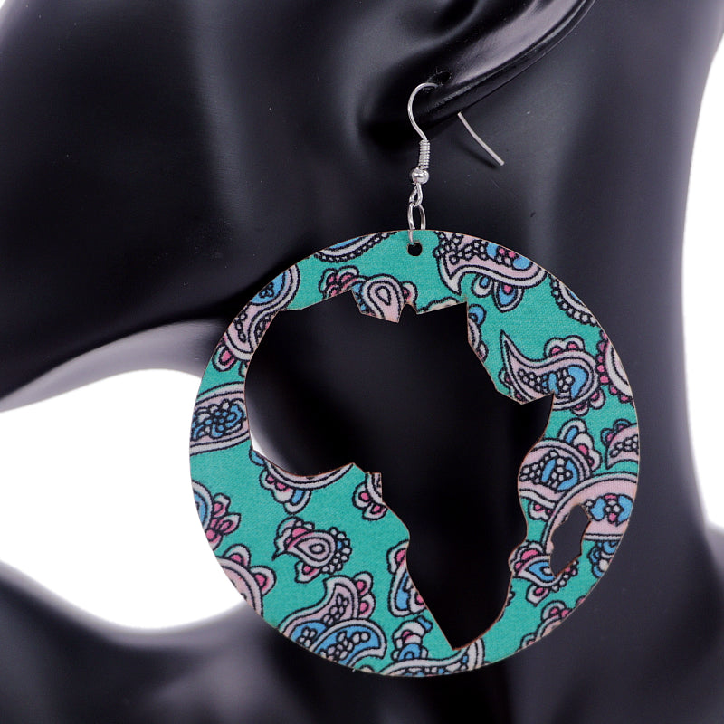 Green Blue Wooden Cutout Africa Shape Paisley Earrings