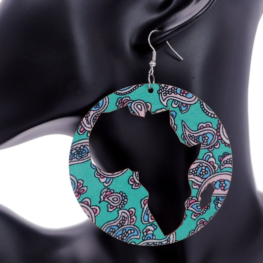 Green Blue Wooden Cutout Africa Shape Paisley Earrings