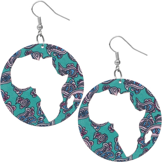 Green Blue Wooden Cutout Africa Shape Paisley Earrings