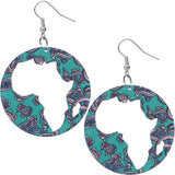 Green Blue Wooden Cutout Africa Shape Paisley Earrings