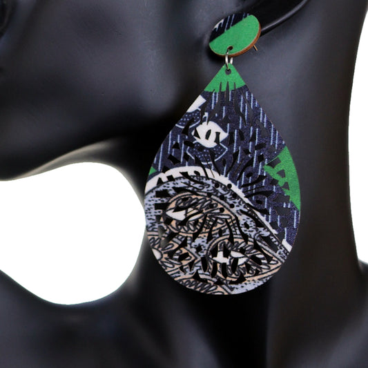 Blue Green Multicolor Evil Eye Wooden Teardrop Earrings