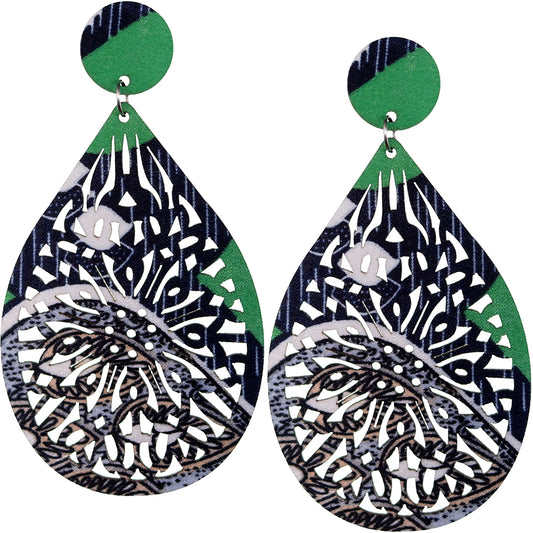 Blue Green Multicolor Evil Eye Wooden Teardrop Earrings