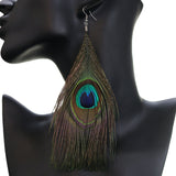 Green Brown Long Peacock Feather Earrings