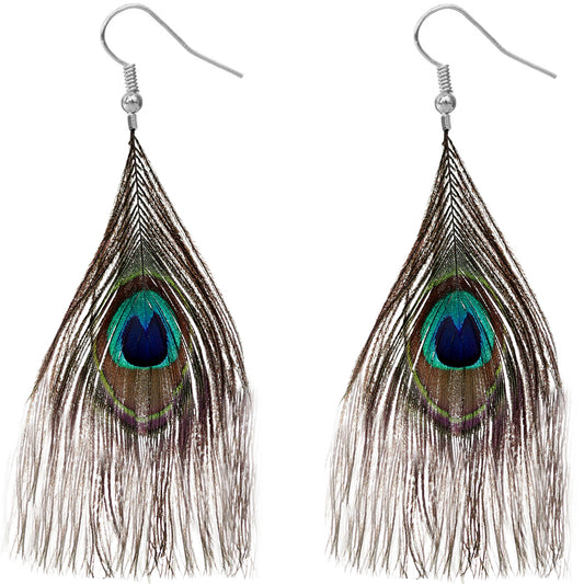 Green Brown Long Peacock Feather Earrings
