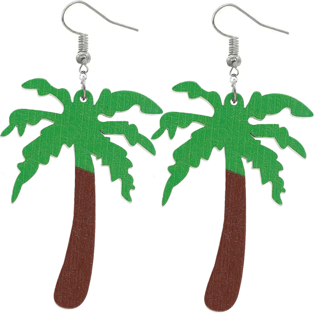 Green Brown Palm Tree Wooden Earrings