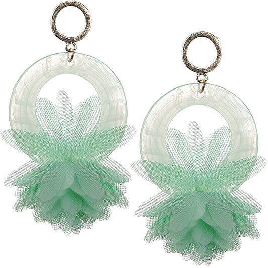 Green Chiffon Open Circle Drop Earrings
