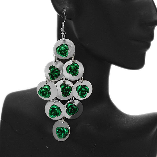 Green Flat Disc Floral Dangle Earrings