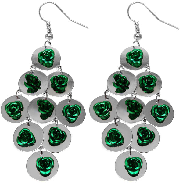Green Flat Disc Floral Dangle Earrings