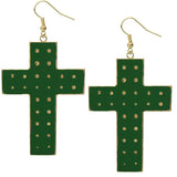 Green Dotted Cross Dangle Earrings