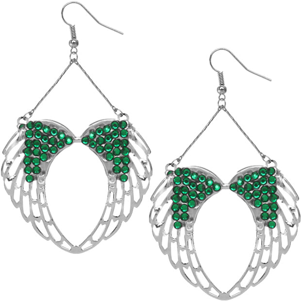Green Gemstone Double Wing Heart Earrings