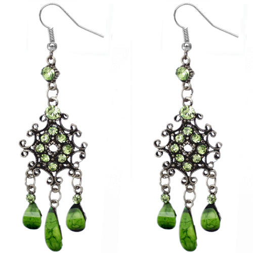 Green Silver Chandelier Gemstone Earrings