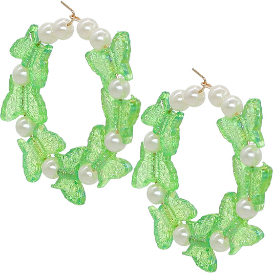 Green Butterfly Faux Pearl Mini Hoop Earrings