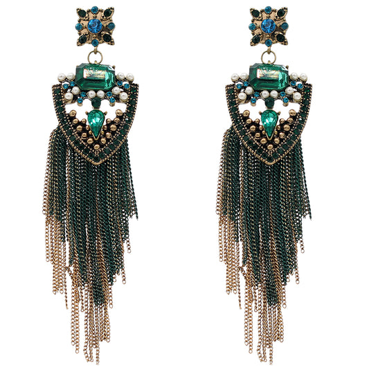 Green Faux Pearl Gemstone Long Chain Earrings