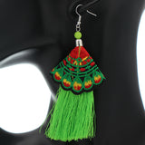 Green Embroidered Ruffle Long Tassel Dangle Earrings