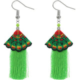 Green Embroidered Ruffle Long Tassel Dangle Earrings