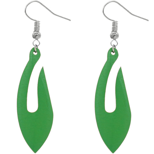 Green Tribal Fishhook Design Wooden Earrings