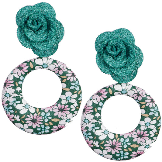 Green Flower Open Circle Earrings