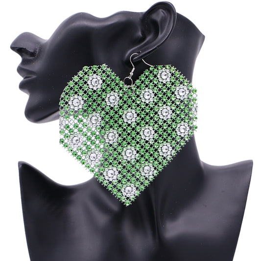 Green Mesh Rhinestone Heart Earrings