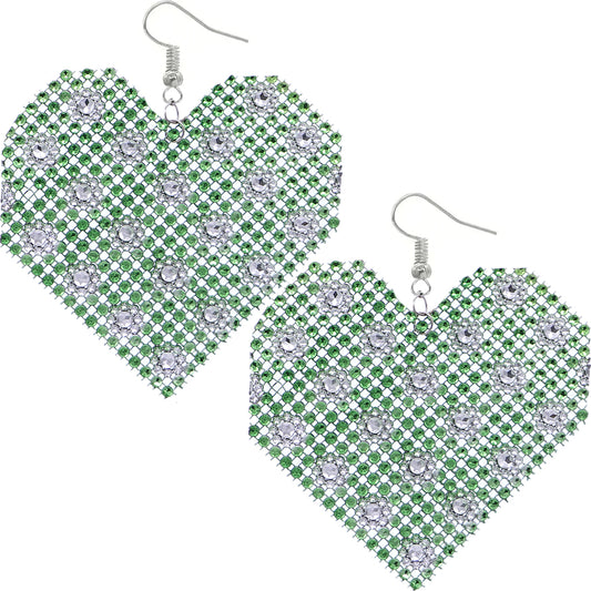 Green Mesh Rhinestone Heart Earrings