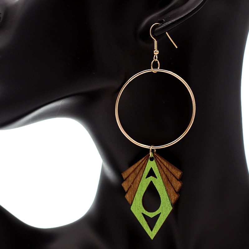 Green Geometric Wooden Hoop Earrings