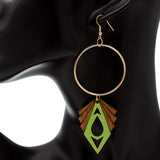 Green Geometric Wooden Hoop Earrings
