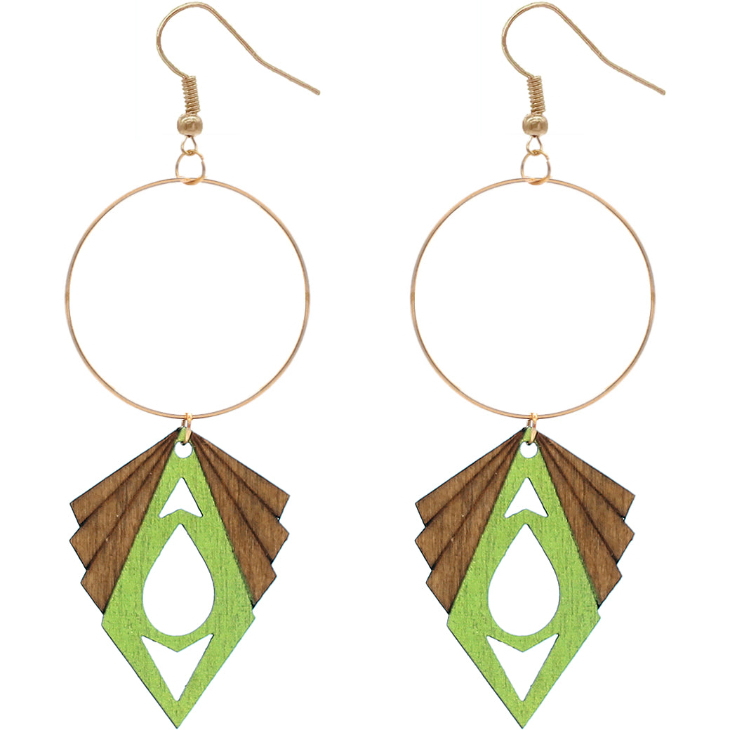Green Geometric Wooden Hoop Earrings