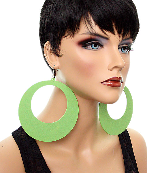 Green Gigantic Wooden Round Hoop Earrings