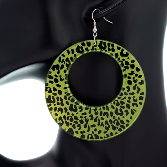 Green Spotted Cheetah Print Round Earrings