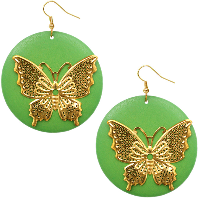 Green Gold Wooden Butterfly Dangle Earrings