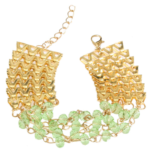 Green Goldtone Beaded Chain Link Bracelet